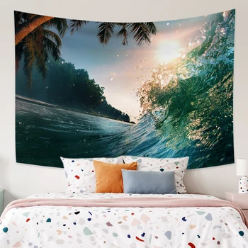 

Tropical Palm Leaf Tapestry Wall Mounted Sea Coast Sunset Landscape Tapestries Yoga Beach Towel Bohemian Wall Carpets Home Decor