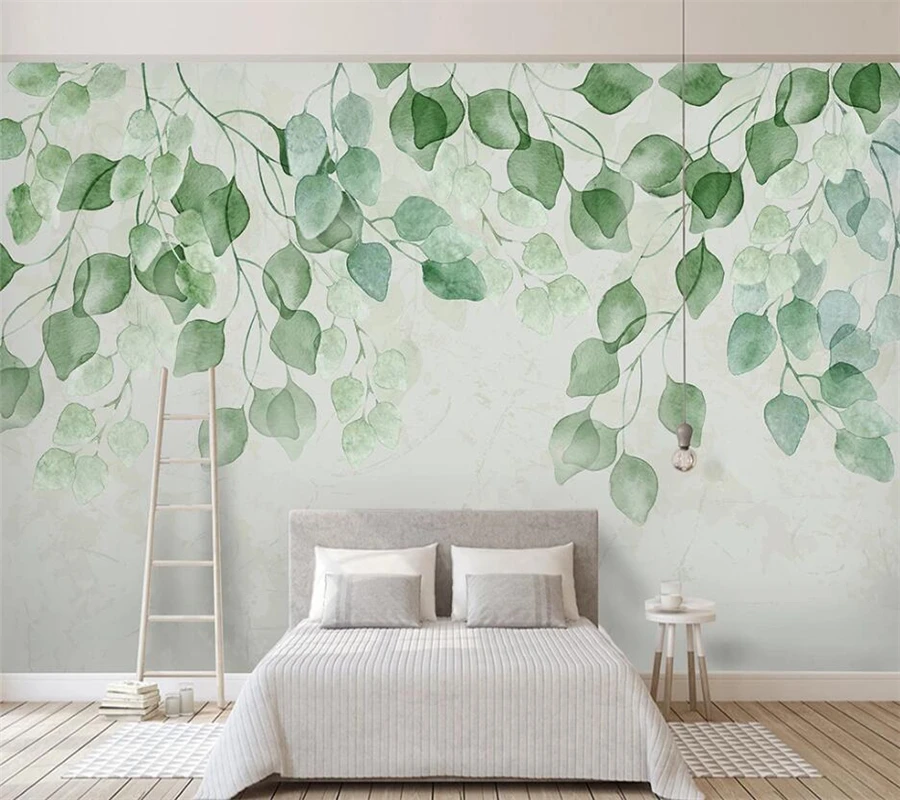 

Custom wallpaper 3d fresh green leaves watercolor hand-painted pastoral TV background wall living room bedroom murals фотообои