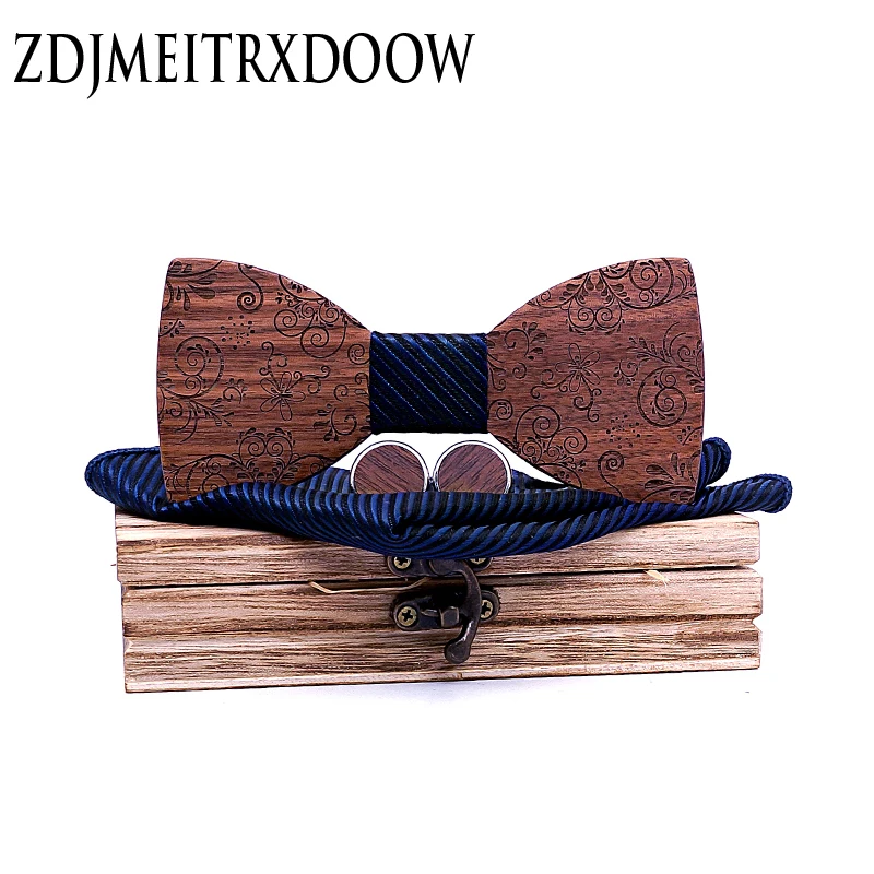Подарочный темно-синий деревянный платок с гравировкой носовой запонки под