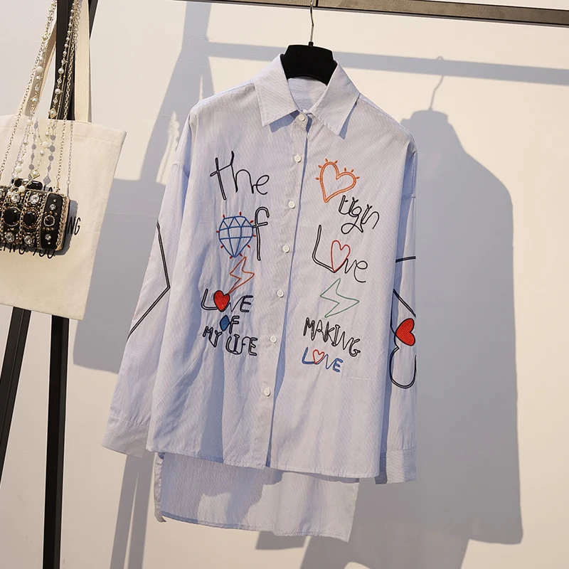 XL-5XL Plus Size Women Blue Striped Shirts Autumn 2019 Fashion Graffiti Embroidery Long Sleeve Loose Casual Ladies Cotton Blouse
XL-5XL Plus Size Women Blue Striped Shirts Autumn 2019 Fashion Graffiti Embroidery Long Sleeve Loose Casual Ladies Cotton Blouse