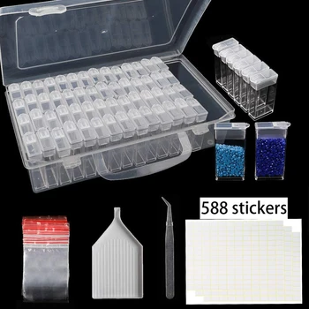 64 Slots Diamond Painting Storage Containers Portable Plastic Bead Storage Box with Funnel Plate 588pcs Label Stickers and Tweez