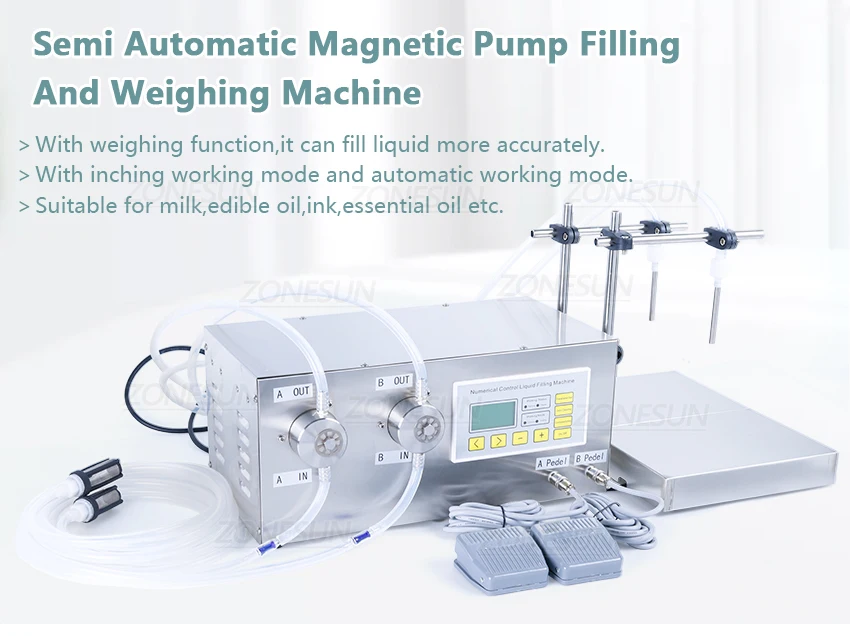 ZONEPACK ZS-MP232W Semi Automatic Liquid Filling Machine Magnetic Pump Double Heads Juice Milk Edible Oil Water Bottle Filler