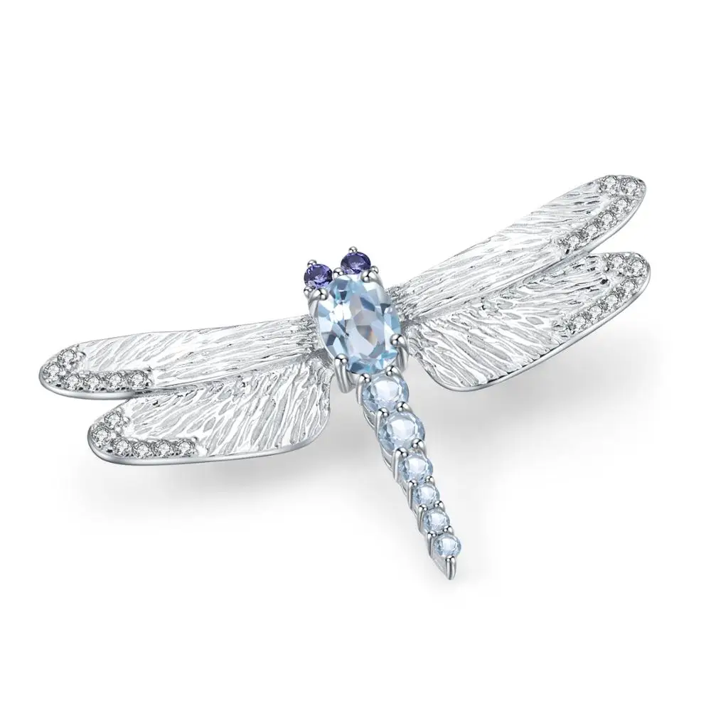 

GEM'S BALLET Handmade Design Dragonfly Brooch 925 Sterling Sliver 1.41Ct Natural Sky Blue Topaz Brooches For Women Fine Jewelry