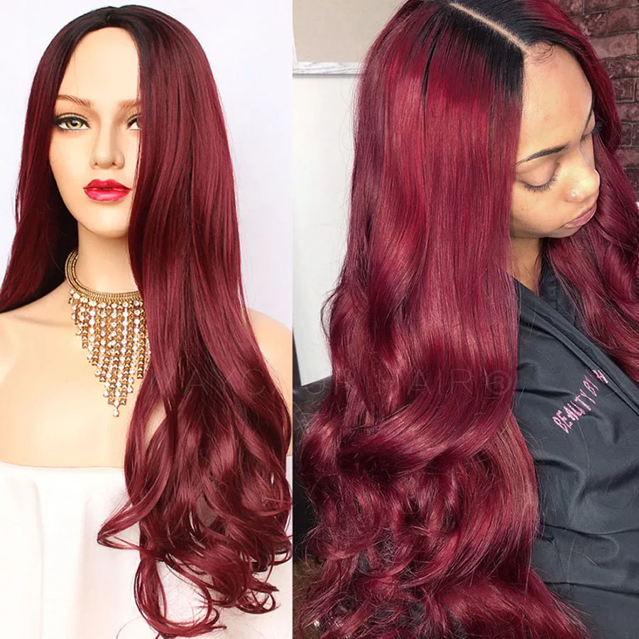 Maycaur Ombre Color Burg Red Wigs Synthetic Heat Resistant Hair Wig 4 Inch Middle Part Long Wavy Glueless Synthetic Wigs For Black Woman