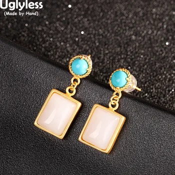 

Uglyless Square Hetian Jade Earrings for Women Natural Gemstones Turquoise Ethnic Earrings Antioxidant 925 Silver Brincos Bijoux