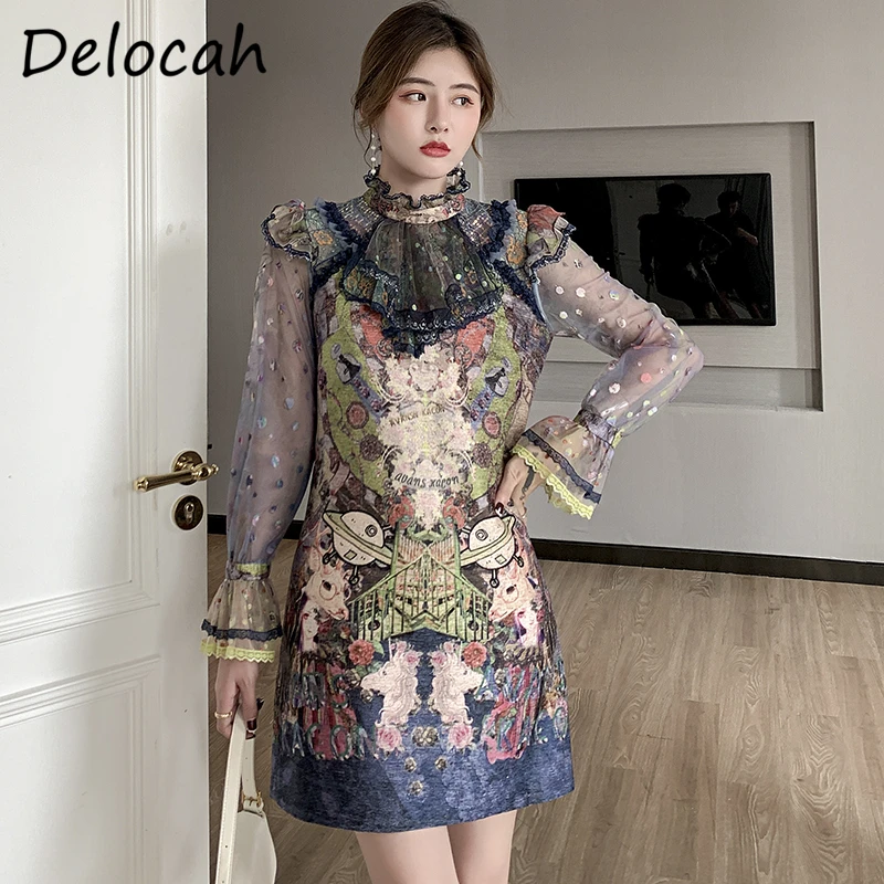 

Delocah Women Autumn Fashion DesignerÂ Party A-line Dress Lace Ruffles Sequined Flare Sleeve Floral Print Ladies Midi Dresses