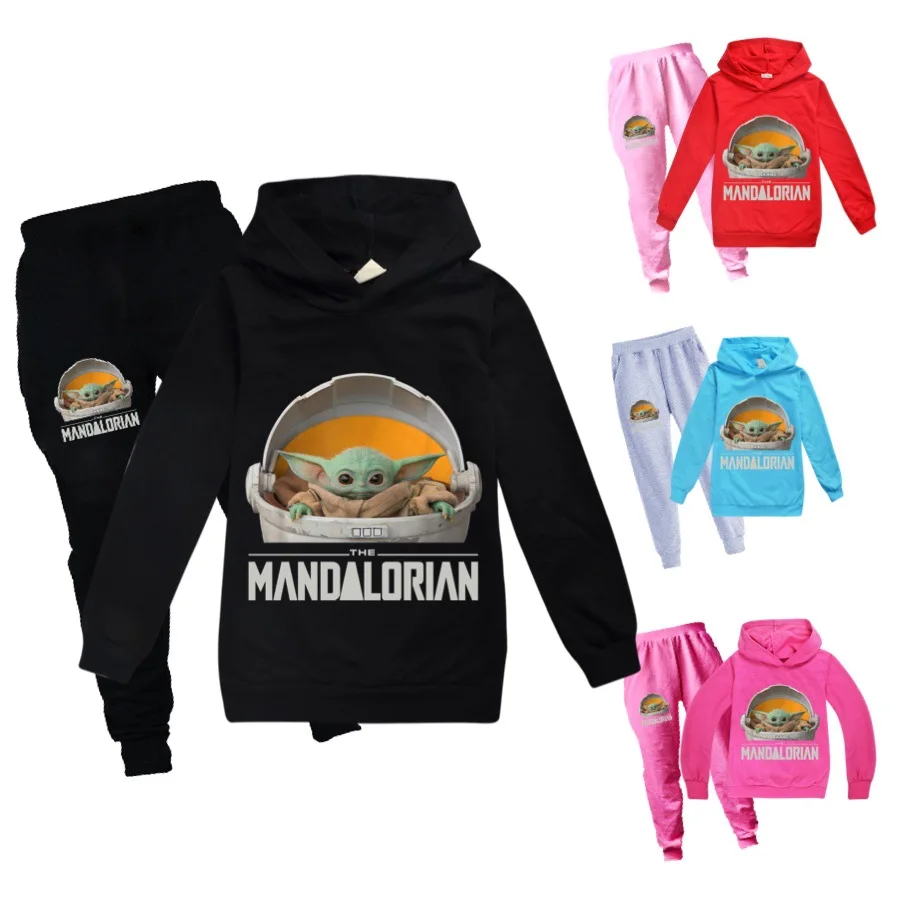 

Baby Yoda Mandalorian Funny Cartoon Boys girls Hoodis set Kids Star Wars Cool Sweatshirt+Pants Cute Hoody Children Clothes set