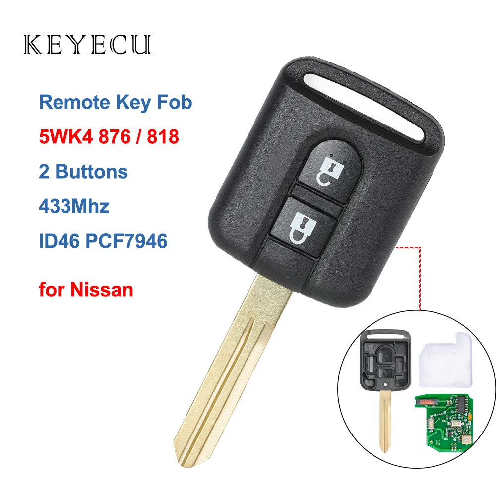 

5WK4 876 / 818 Remote Key Fob 433MHz ID46 PCF7946 2 Button for Nissan Note NV200 Elgrand X-TRAIL Qashqai Navara Micra