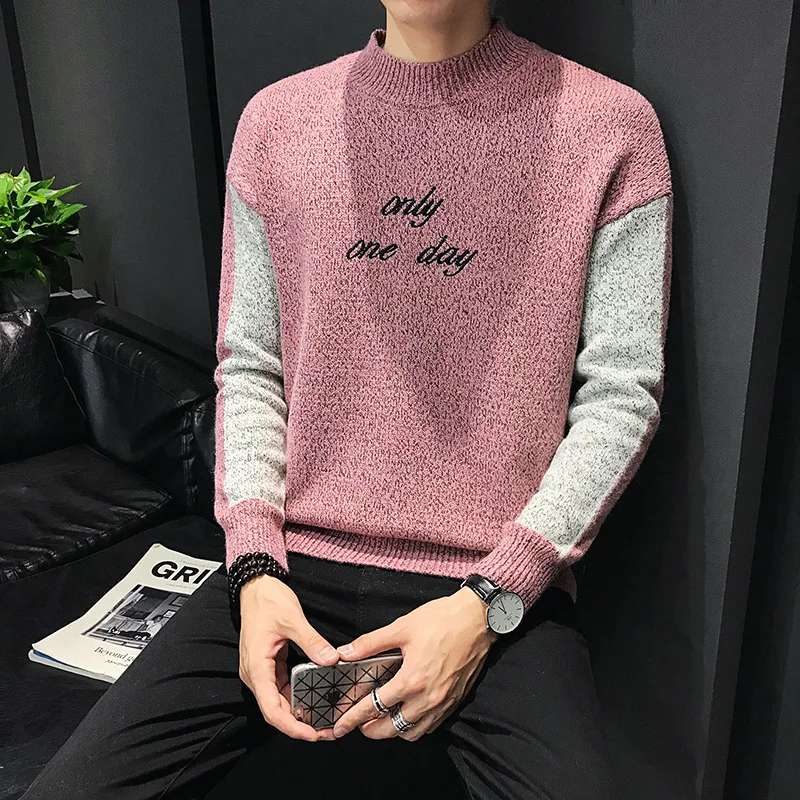 2019 Korean Style Men's Sweater Contract Color Thick Warm Casual Knitwear Pullover Patchwork Letter Embroidery Mens Jumpers Pink
2019 Korean Style Men's Sweater Contract Color Thick Warm Casual Knitwear Pullover Patchwork Letter Embroidery Mens Jumpers Pink