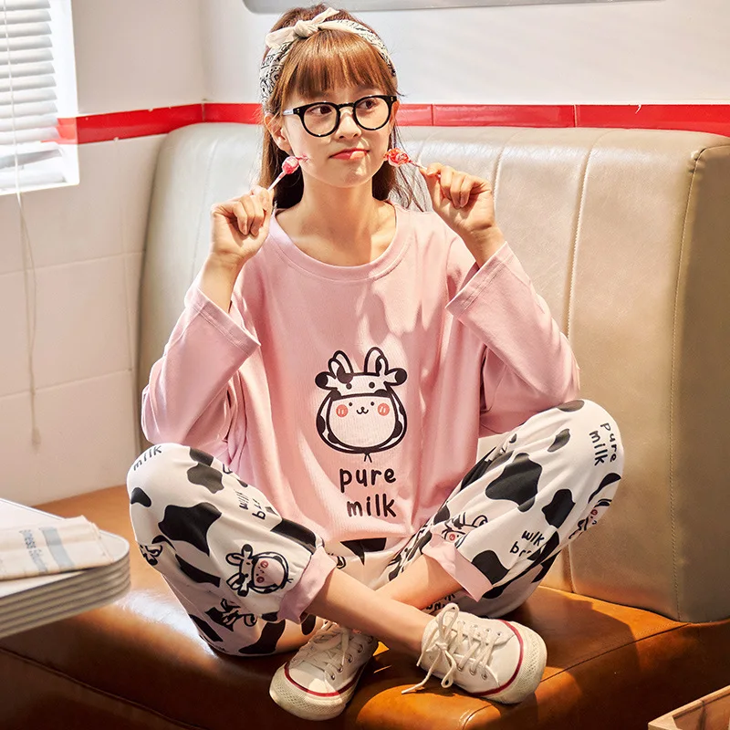 Clothes Two-piece Long-sleeved Trousers New Pajamas Set Cartoon Cow Pattern HomeSleepwear Women's Cotton 100% 2020 Autumn
Clothes Two-piece Long-sleeved Trousers New Pajamas Set Cartoon Cow Pattern HomeSleepwear Women's Cotton 100% 2020 Autumn