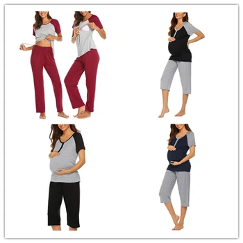 

Pajamas Maternity Clothes для беременных Maternity Pajamas Fashion Short Sleeve Top T-shirt+Capri Pants Nursing Pajamas Set