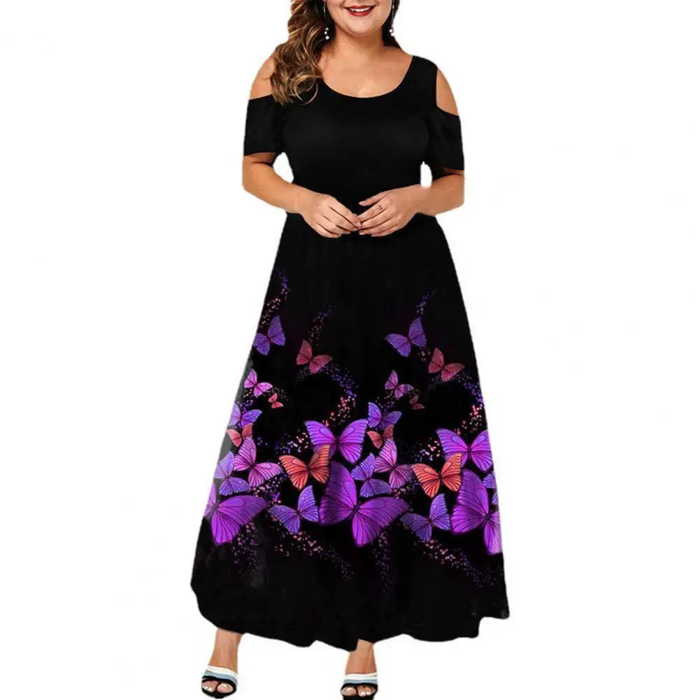 

Super Plus Size Evening Party Dress Purple Butterflies Print Off Shouder Women Short Sleeve Large Hem Formal Dress Summer 2021