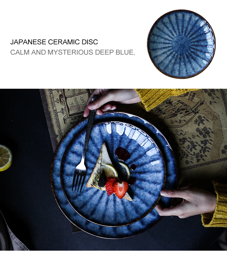 Blue Ceramic Dinner Plate Big and Small Steak Dinnerware Plate