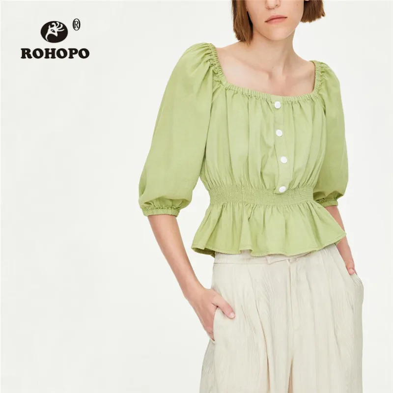 ROHOPO Square Collar Half Sleeve Green Cotton Blouse Ruffled Hem Rront Buttons Fly Chic Autumn Cute Tops Blusa #6518
ROHOPO Square Collar Half Sleeve Green Cotton Blouse Ruffled Hem Rront Buttons Fly Chic Autumn Cute Tops Blusa #6518