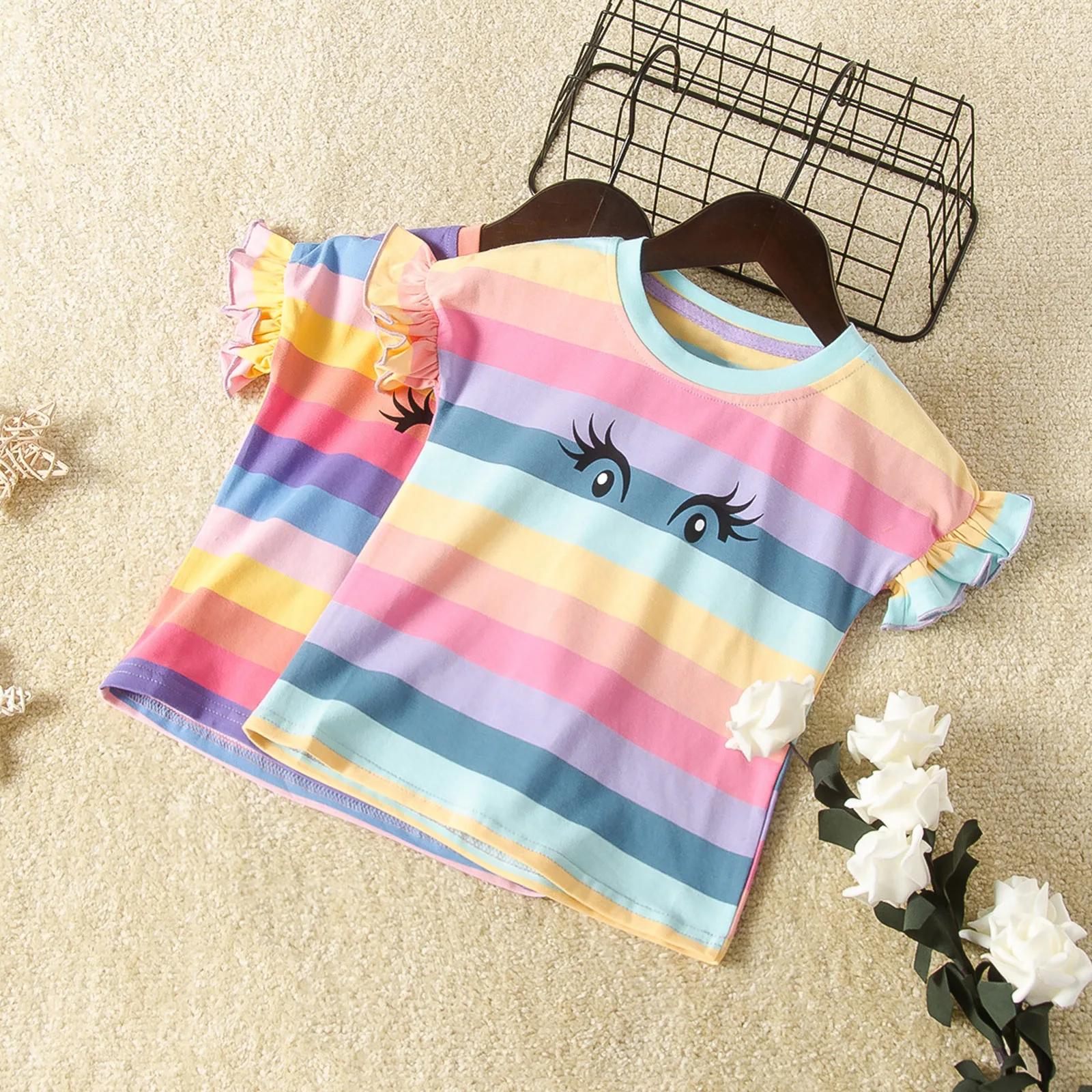 

Oyolan Summer Girls Rainbow T-Shirt Colorful Stripe Children Clothes Cotton T Shirt Cute Fashion Ruffle Short Sleeve Tops Casual