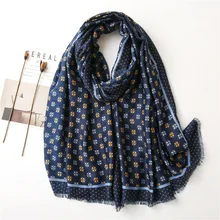 

New Fashion Navy Blue Luxury Floral Fringe Viscose Scarf Lady Soft Hijab Shawls and Wraps Foulards Echarpe Muslim Snood 180*90Cm