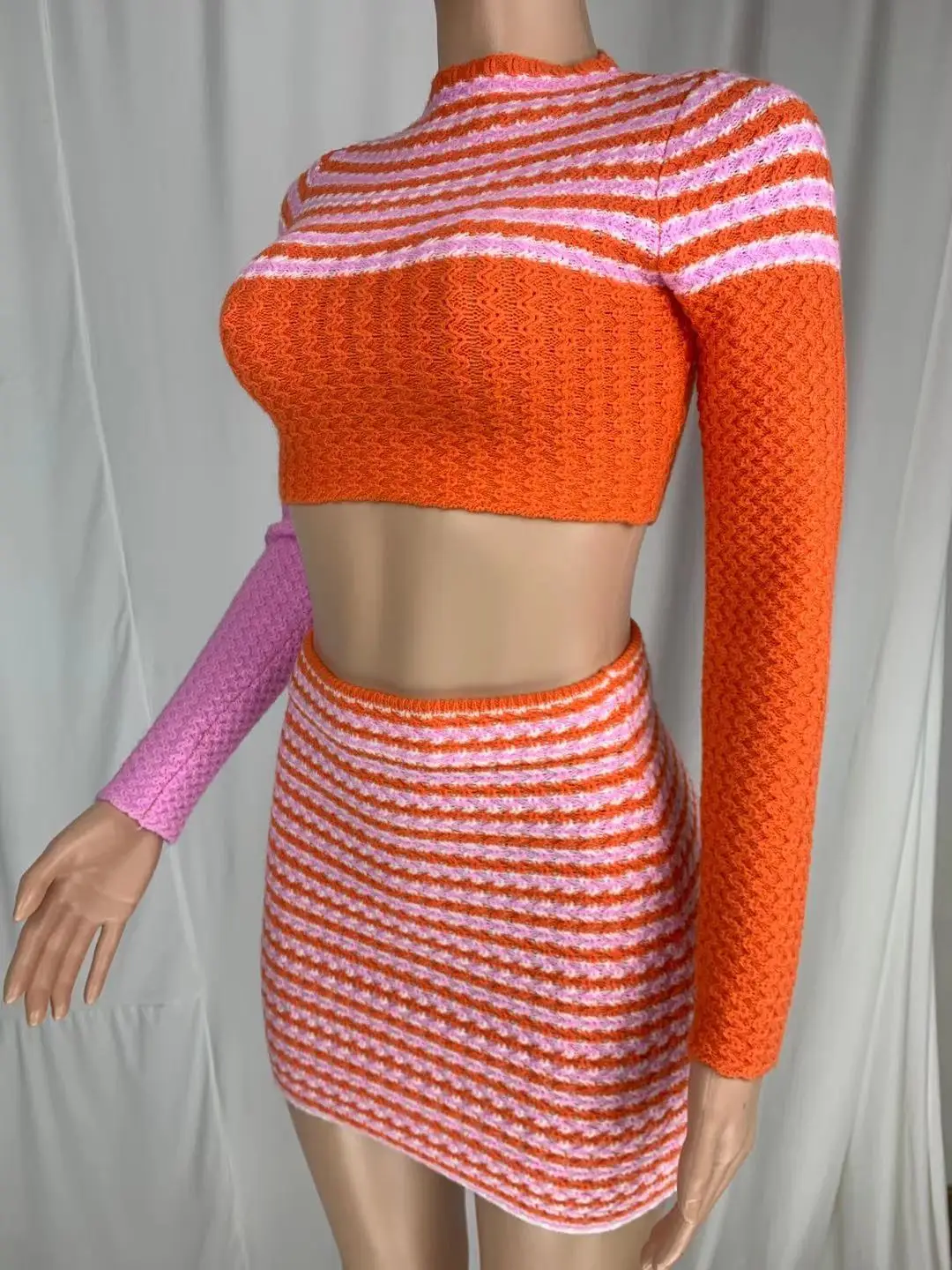 Fashion Soefdioo Stripe Knitted Printed Long Sleeve Crop Top And Mini Skirtsorange Pink Jumia