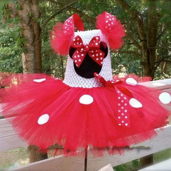 

Cute Girls Red Mickey Minnie Tutu Dress Baby Crochet Tulle Dress with White Dots and Hairbow Kids Birthday Party Cosplay Dresses