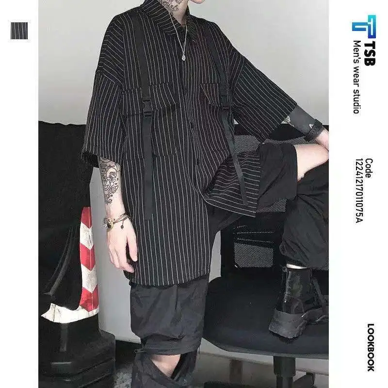 Streetwear Dark Black Color Stripe Shirts Functional Working Clothes Short Sleeve Shirt Men's Ribbon Design Loose Clothes M-2XL
Streetwear Dark Black Color Stripe Shirts Functional Working Clothes Short Sleeve Shirt Men's Ribbon Design Loose Clothes M-2XL