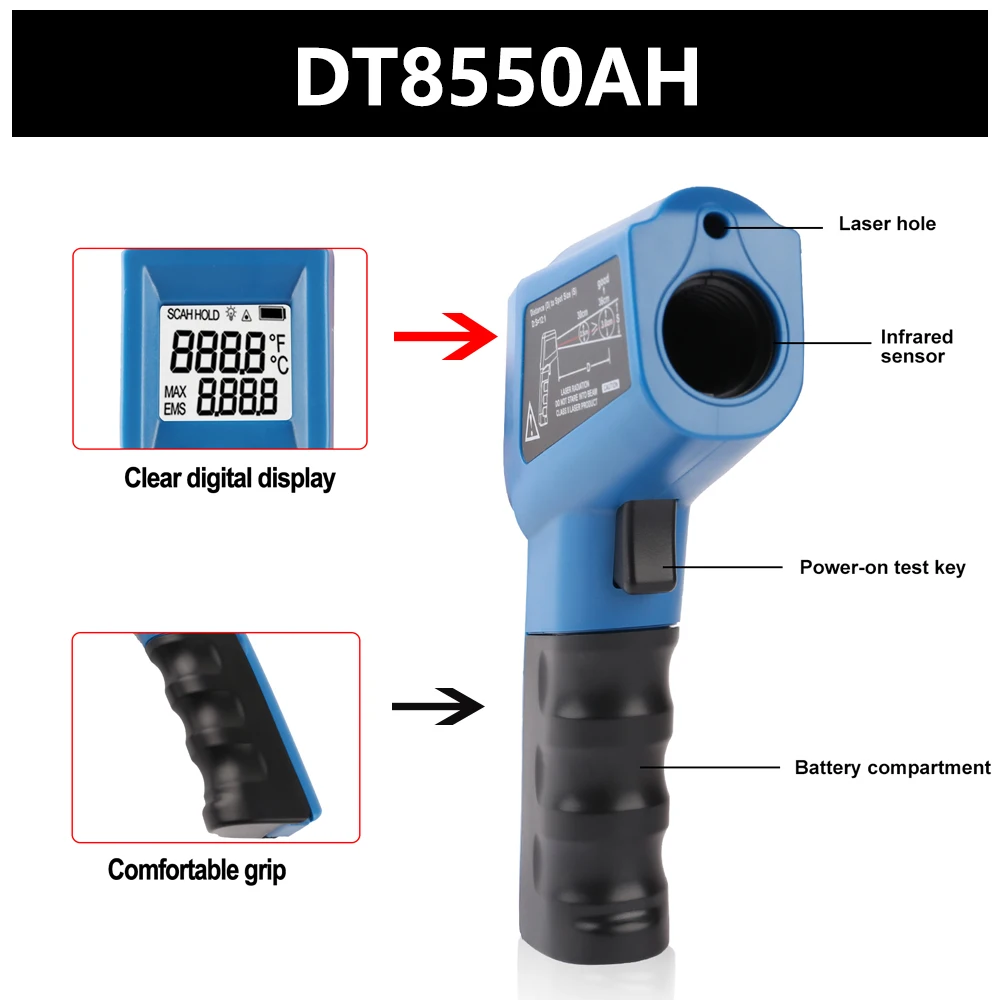Infrared Thermometer -50-550℃ Measuring Range Non-Contact Convenient,Cooking,Household Industrial Thermometer Gun DT8550AH
Infrared Thermometer -50-550℃ Measuring Range Non-Contact Convenient,Cooking,Household Industrial Thermometer Gun DT8550AH
