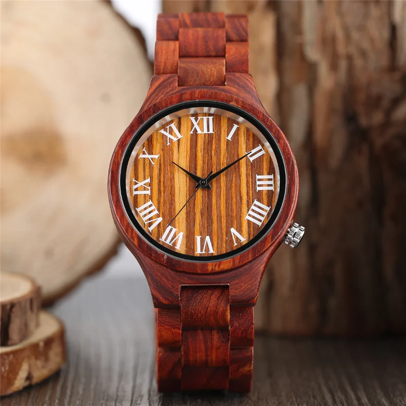

Creative Red Sandalwood Watches Roman Number Display Male Clock Quartz Analog Display Wood Watch Exquisite Full Bamboo Bangle Gi