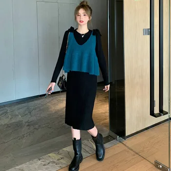 Autumn Women Fashion Knitted Two Piece Set Spring Korean Elegant Sweater Outfits Black Long Dress And Loose Lace Up Vest Suit
Autumn Women Fashion Knitted Two Piece Set Spring Korean Elegant Sweater Outfits Black Long Dress And Loose Lace Up Vest Suit