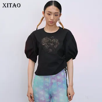 XITAO Hollow Out Blouse Fashion New Women Drawstring Perspective Small Fresh Casual Style Loose Elegant Black Shirt ZLL5066