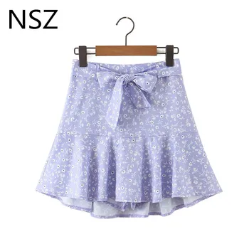 

NSZ women floral print shorts skirt bow front tied ruffles kawaii high waist a-line girl mini summer skater skirt