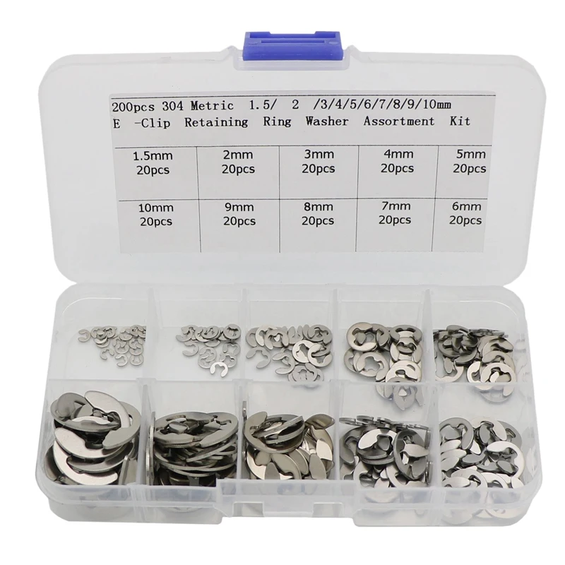 200 Pcs 304 Stainless Steel Opening Snap Ring,E-Clip External Retaining Circlip Assortment Kit 
200 Pcs 304 Stainless Steel Opening Snap Ring,E-Clip External Retaining Circlip Assortment Kit