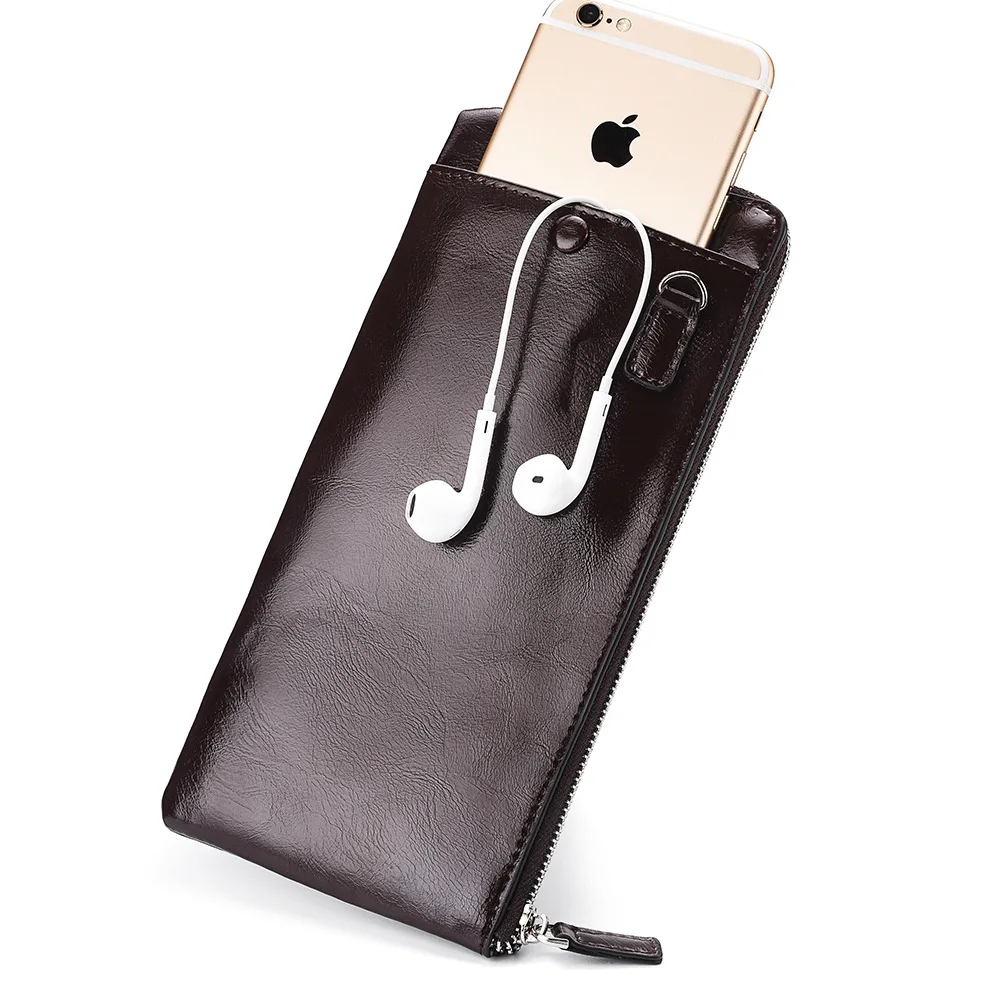 Кожаный кошелек для мужчин классический удлиненный бумажник на молнии брендовый