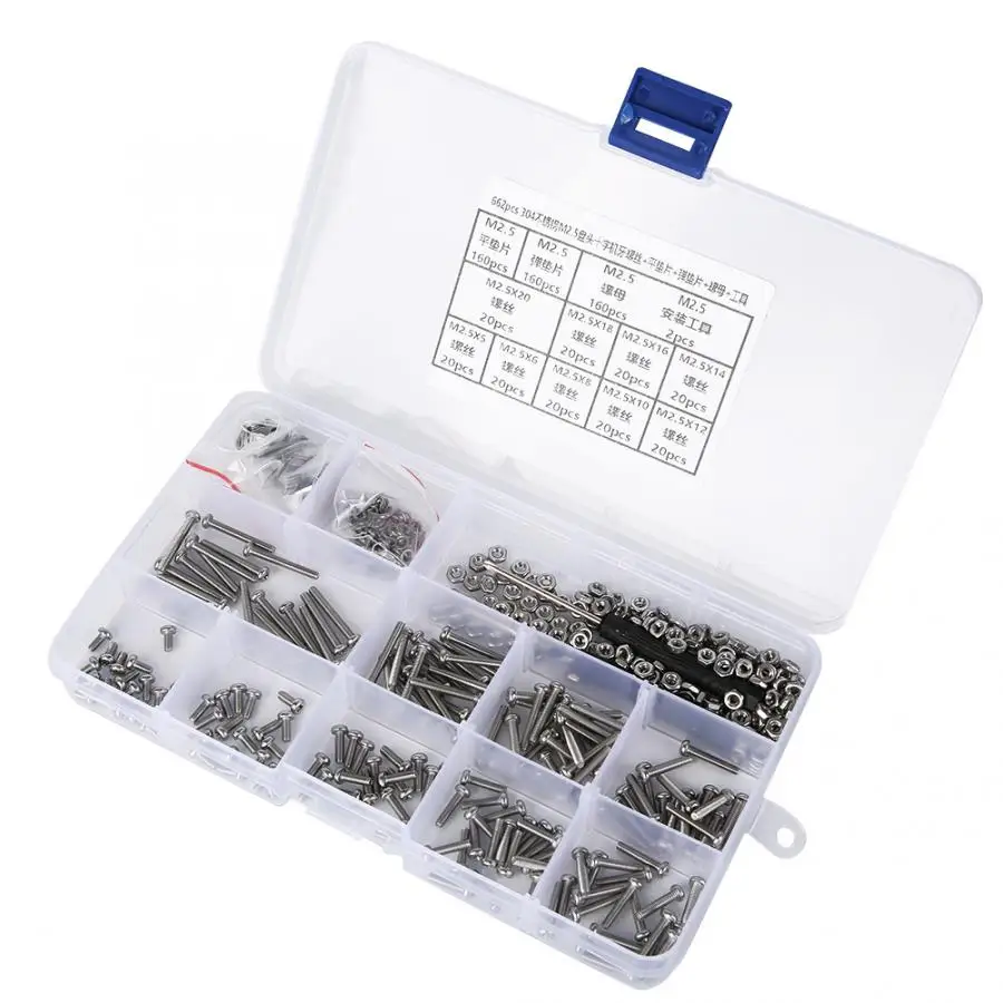 662PCS M2.5 Stainless Self Tapping Screws Screw Set 304 Stainless Steel Pan Head Cross Machine Screw+Flat/Elastic Washer+Nut
662PCS M2.5 Stainless Self Tapping Screws Screw Set 304 Stainless Steel Pan Head Cross Machine Screw+Flat/Elastic Washer+Nut