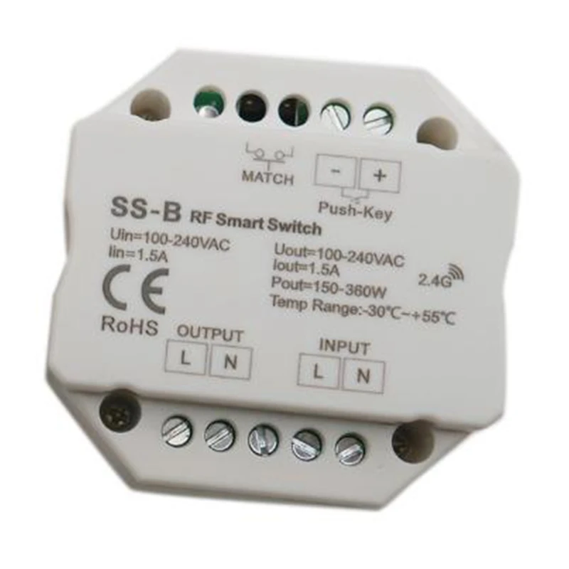 SS-B AC Triac RF Smart Switch Output 100-240VAC 1.5A 360W RF Smart Switch with Relay Output Led Controller
SS-B AC Triac RF Smart Switch Output 100-240VAC 1.5A 360W RF Smart Switch with Relay Output Led Controller