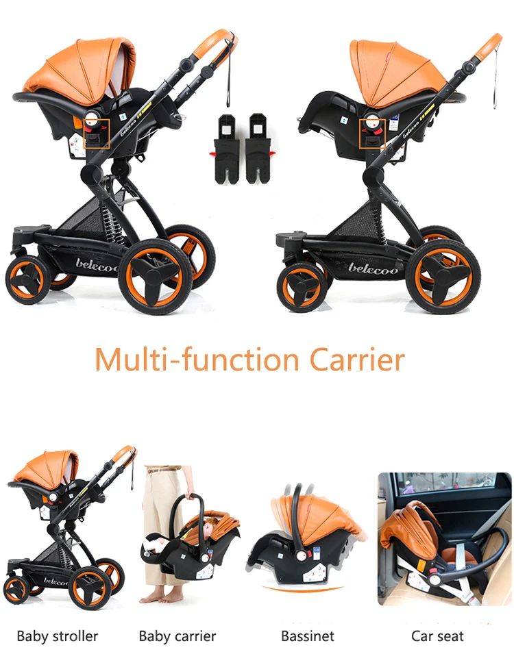 High Landscape PU leather Baby Stroller 3 in 1 Full-size Baby Travel System Baby Pram Newborn Pushchair Free Shipping