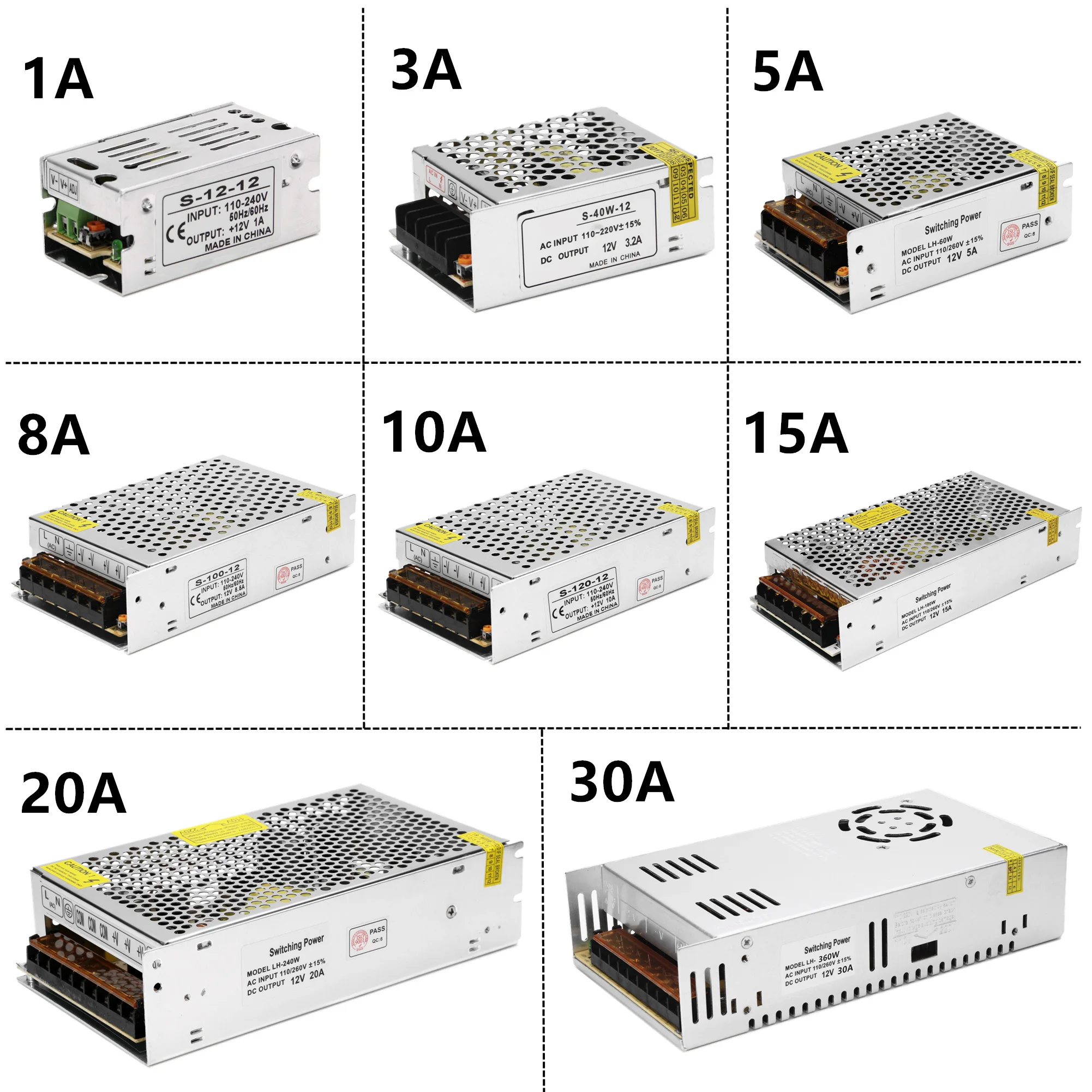 LED Strip Switching Power Supply Adapter 1A 3A 5A 8A 10A 15A 20A 30A Lighting Transformer AC100V-240V to DC12V
LED Strip Switching Power Supply Adapter 1A 3A 5A 8A 10A 15A 20A 30A Lighting Transformer AC100V-240V to DC12V
