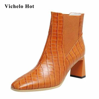 Vichelo Hot hot sale stretch short boots real leather gingham square toe thick high heel slip on recommend basic ankle boots L60
Vichelo Hot hot sale stretch short boots real leather gingham square toe thick high heel slip on recommend basic ankle boots L60
