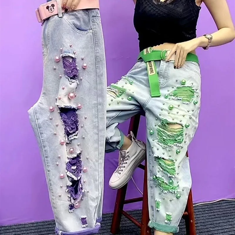 Street Style Jeans For Women 2021 Summer High Waist Heavy Pearl Beaded Hole Beggar Jeans Female Ripped Denim Pants with Belt
Street Style Jeans For Women 2021 Summer High Waist Heavy Pearl Beaded Hole Beggar Jeans Female Ripped Denim Pants with Belt