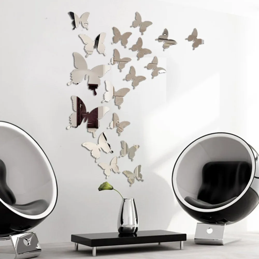 

Hot 12pcs Mirror Wall Sticker Decal Butterflies 3D Mirror Wall Art Party Wedding Home Decors Butterfly Fridge Wall Decal