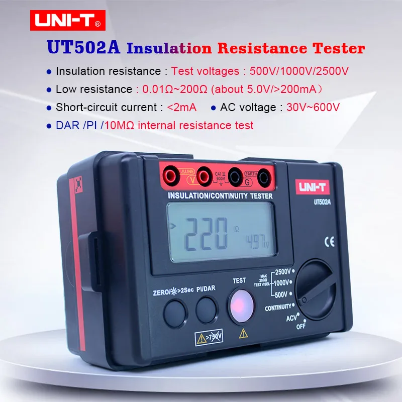 UNI-T UT502A 2500V Insulation Resistance Testers Megohmmeter Voltmeter Continuity Tester megger w/LCD Backlight Diagnostic-tools
UNI-T UT502A 2500V Insulation Resistance Testers Megohmmeter Voltmeter Continuity Tester megger w/LCD Backlight Diagnostic-tools