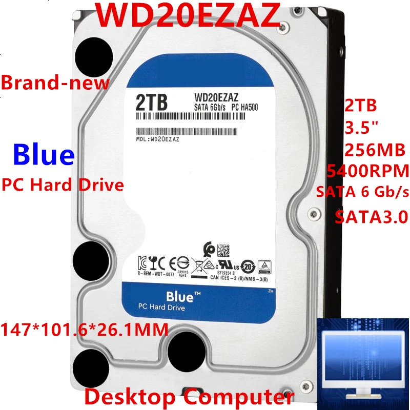 

New Original HDD For WD Brand Blue 2TB 3.5" SATA 6 Gb/s 256MB 5400RPM For Internal Hard Disk For Desktop Hard Drive For WD20EZAZ