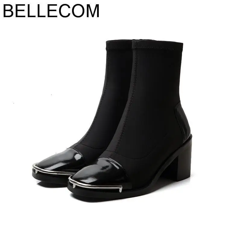 BELLECOM Suede Fine-heeled Mid-boot Tip High-heeled Women's winter high heel sock Boots for women zapatillas woman shoes