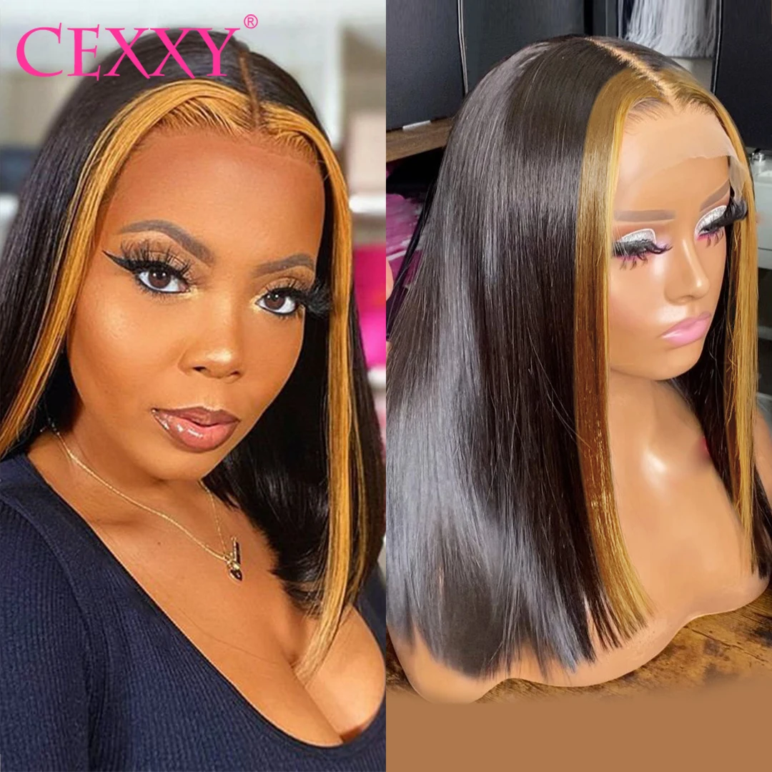 

CEXXY Bone Straight Short Bob Wig For Black Women Highlight Ombre 13x4 Lace Frontal Human Hair Wig Pre Plucked Glueless Bob Wig