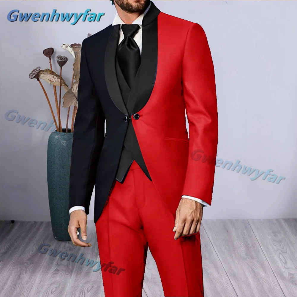 

Gwenhwyfar Luxury Mixed Red Black Dinner Party Men Suits Black Stand Lapel Two Ways Buttoned Blazer Sets Wedding Groom Tuxedos