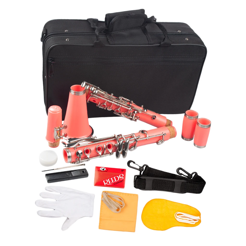 B Clarinet, With 17 Keys, PVC Plastic Bb Flat Clarinet Set, Incl. Bag, Cork Grease, Cleaning Cloth, Mouthpiece, Strap - Pink B Clarinet, With 17 Keys, PVC Plastic Bb Flat Clarinet Set, Incl. Bag, Cork Grease, Cleaning Cloth, Mouthpiece, Strap - Pink
