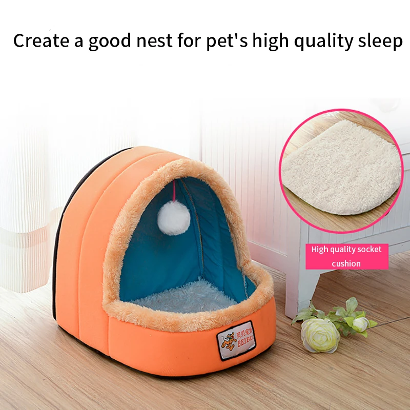 Winter Warm Cat Bed House With Zipper Hang Ball Soft Non-slip Bottom Pet Beds Tent Removable Washable Cats Nest Puppy Dog Kennel