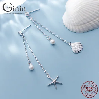 

GININ Authentic 100% 925 Sterling Silver Long Tassels Ocean Shell Asymmetric Starfish Drop Earrings For Women Wedding Jewelry