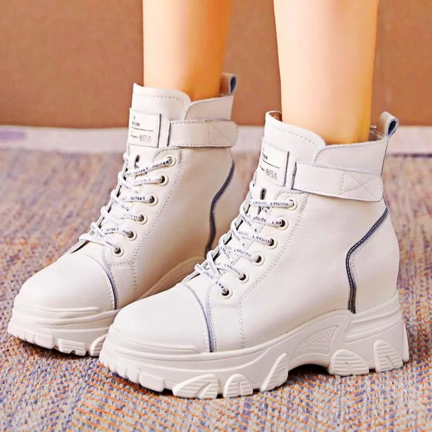 

EUR34-EUR39 Increasing Height Fashion Sneakers Women Leather Round Toe Platform Ankle Boots High Heels Creeper Casual 34 -39