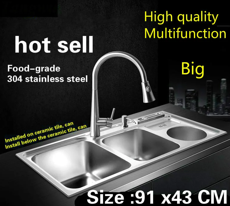 

Free shipping Food grade 304 stainless steel kitchen sink 0.8 mm thick dishwashing ordinary large double groove 910x430 MM