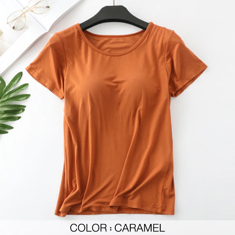 Women's T-Shirts Built-in Bra Padded Tshirts Tops For Women Push-Up Stretchable Modal Short Sleeve Sexy Casual