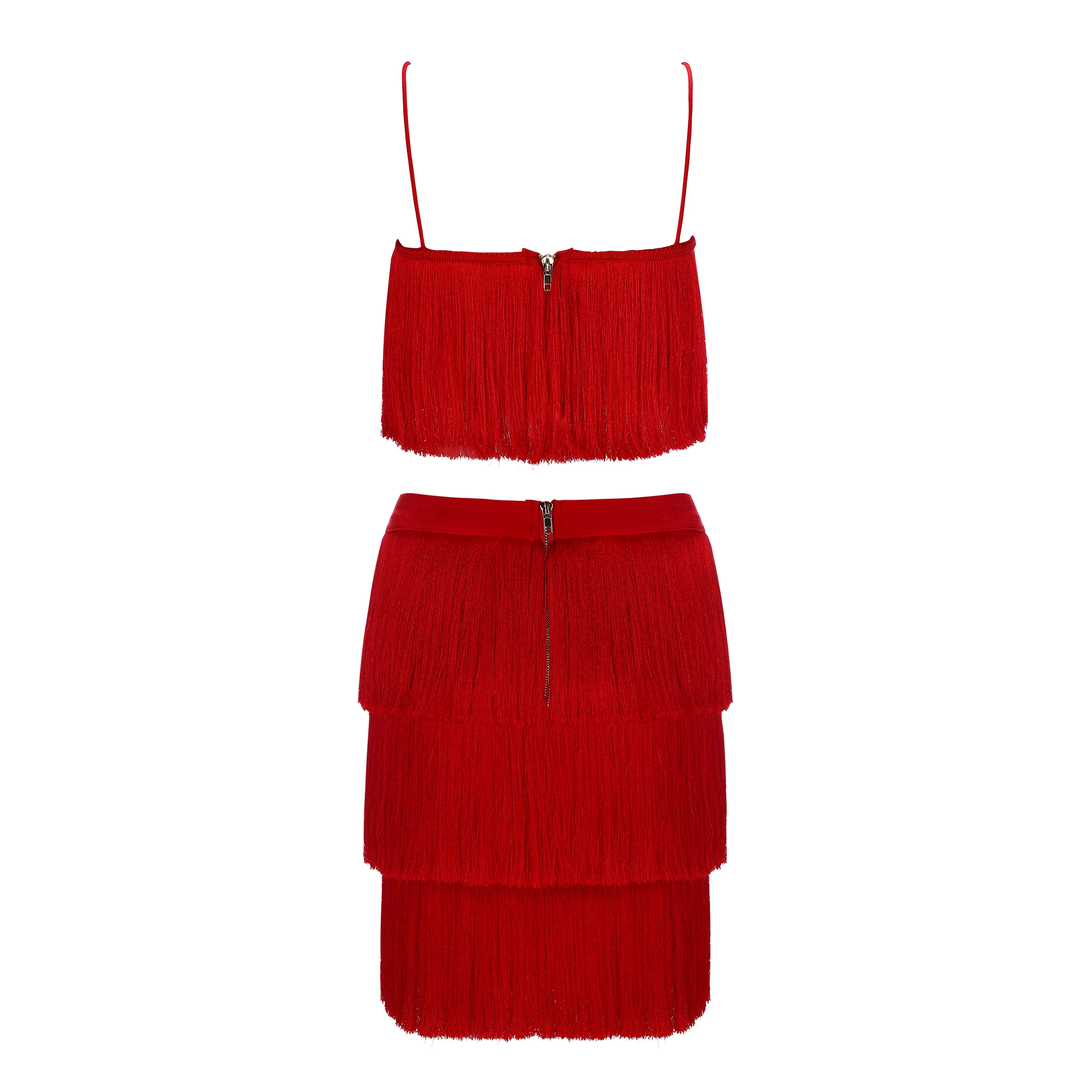 Женский комплект из двух предметов красный белый с кисточками Осенний топ и юбка