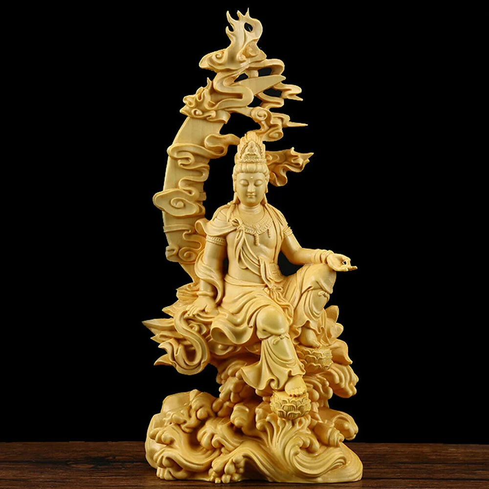 Chinese Carving Crafts Kwan-yin Guanyin Buddha Statue Bodhisattva Sculpture Craft Wood Home Living Room Decor